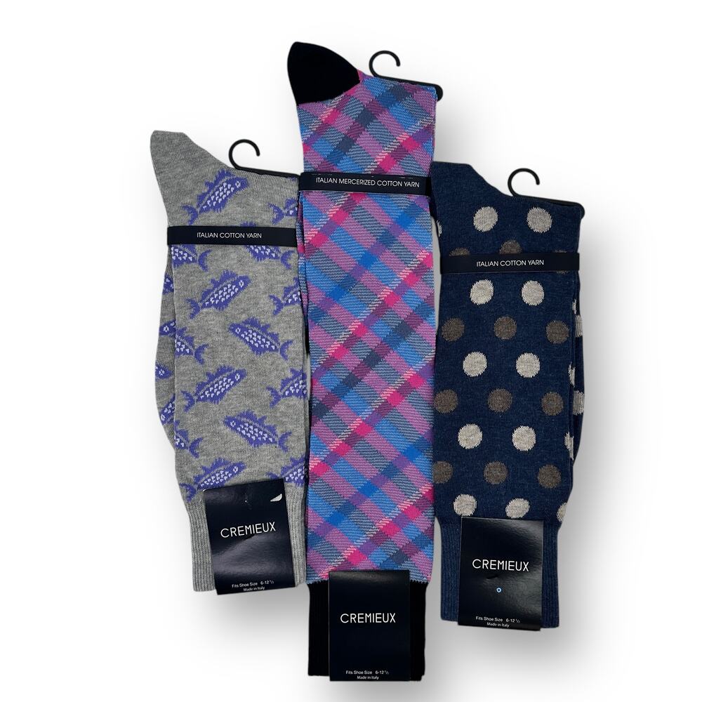 Cremieux Plaid Polka Dot Fish Knee Crew Sock Lot Mens 6-12.5 Purple Gray Easter